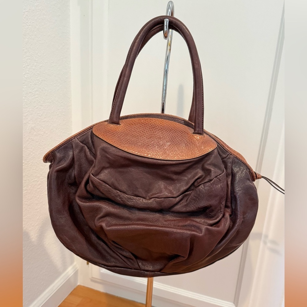 Soft Leather Round Hobo Handbag - Brown
